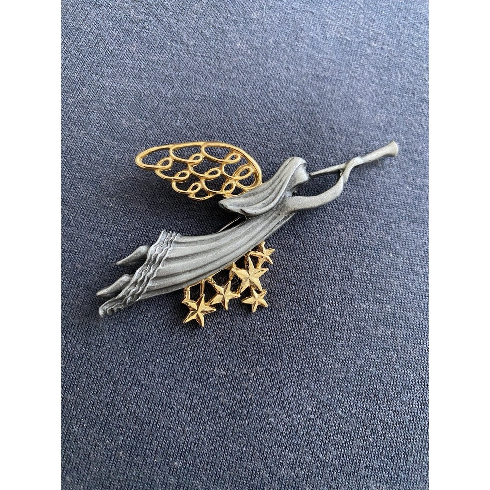 Vintage Pewter & Gold Tone Flying Angel Brooch w/Wings,Stars Blowing The Horn